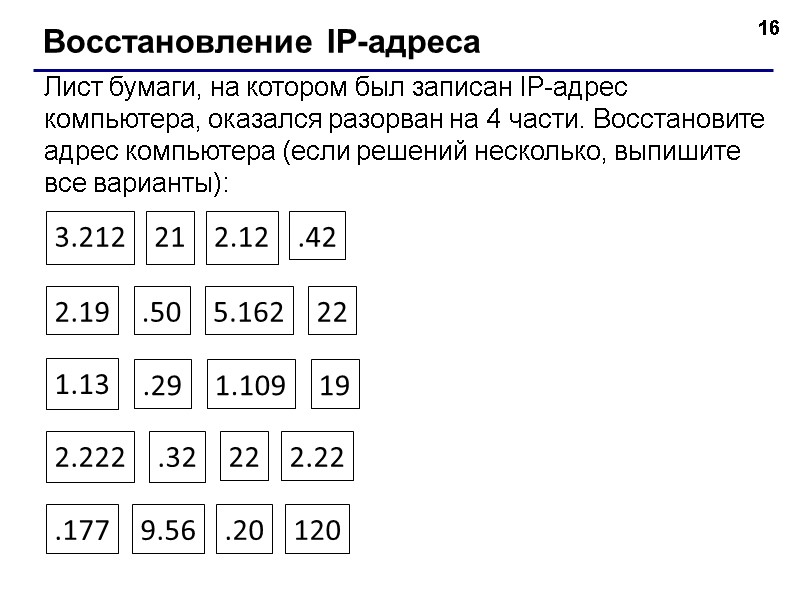 16 Восстановление IP-адреса Лист бумаги, на котором был записан IP-адрес компьютера, оказался разорван на